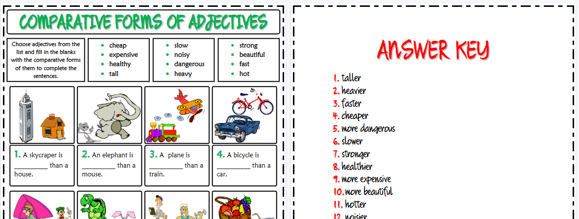 【2页高清彩色版】comparative forms of adjectives gap fill exercise worksheet for kids【完整可直接打印】语法作业纸63套