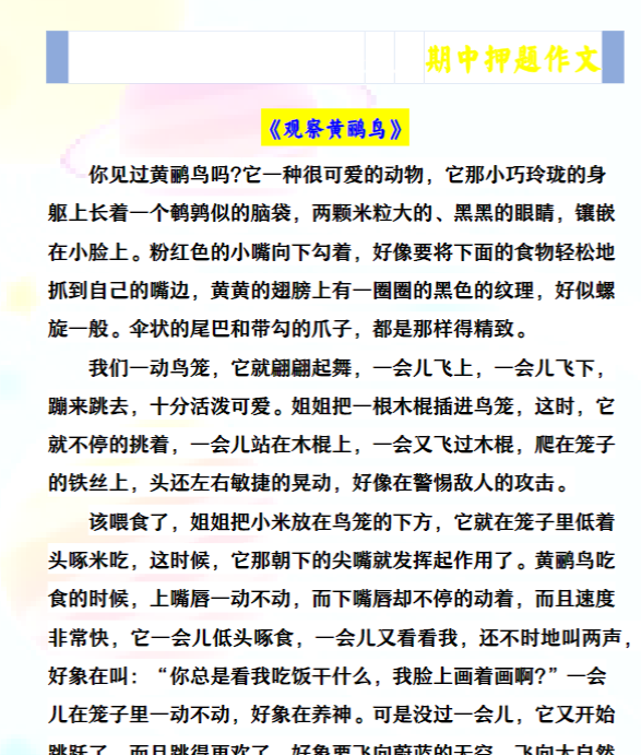 四年级上册语文《观察__》期中押题作文