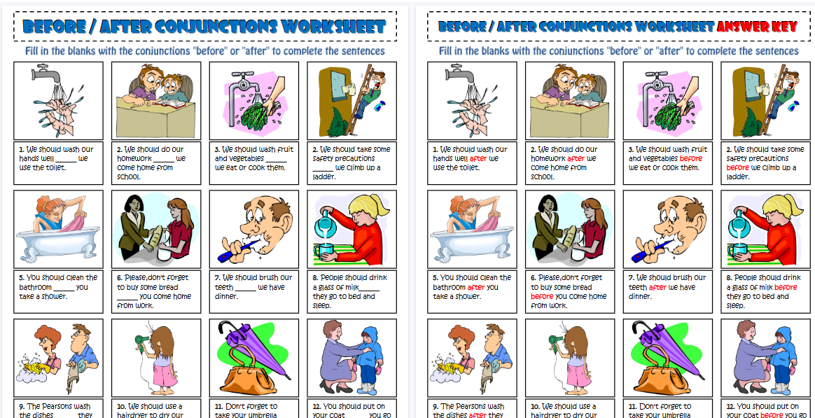 【2页高清彩色版】before and after conjunctions esl grammar exercise worksheet【完整可直接打印】语法作业纸63套