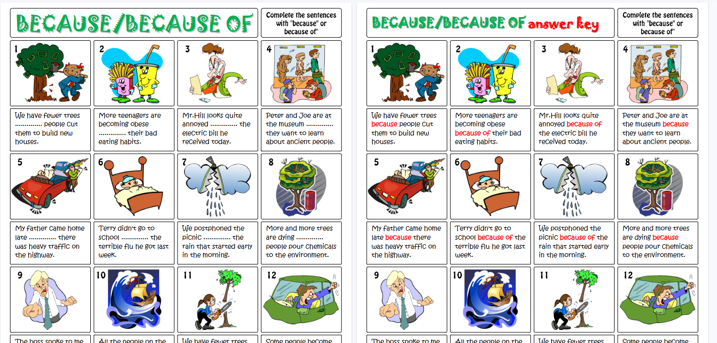 【2页高清彩色版】because and because of gap filling esl grammar exercise worksheet【完整可直接打印】语法作业纸63套