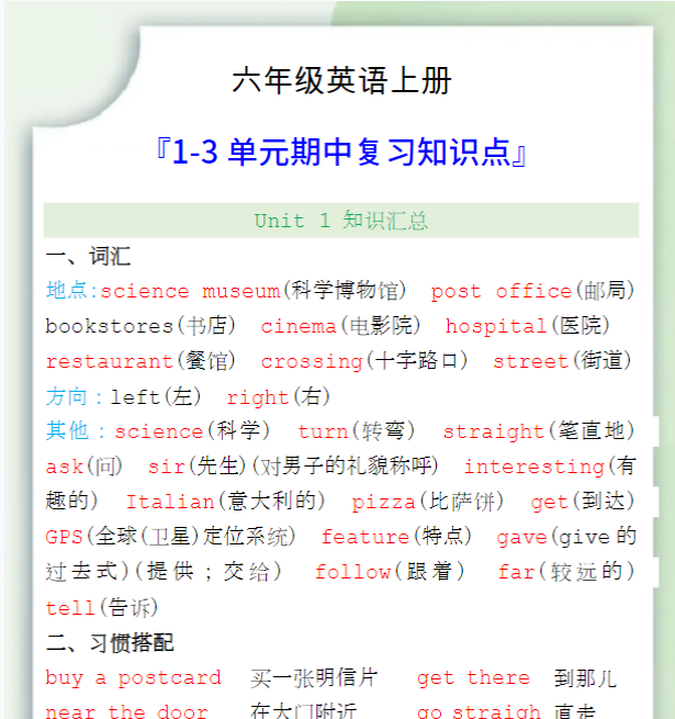 六年级英语上册1-3单元期中复习知识点