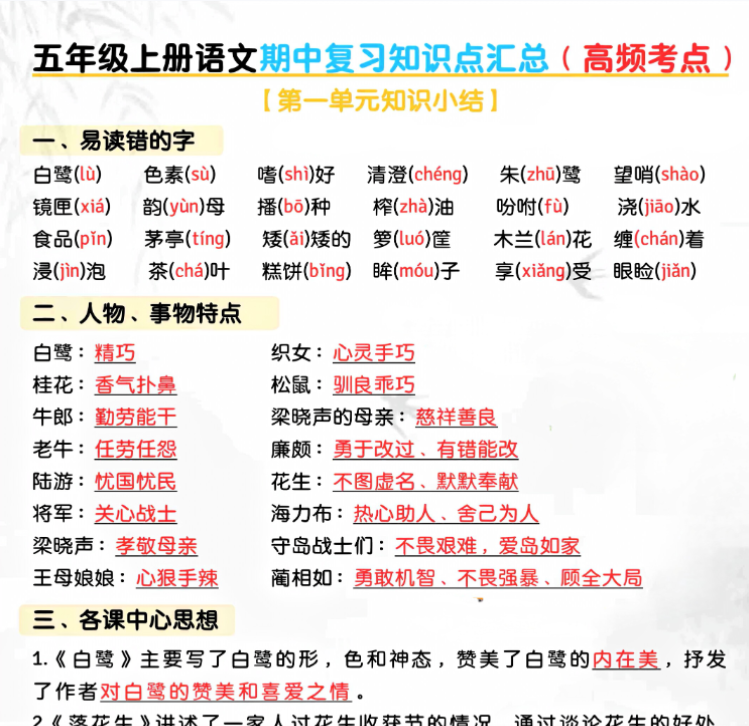 五年级上册语文期中复习高频考点汇总