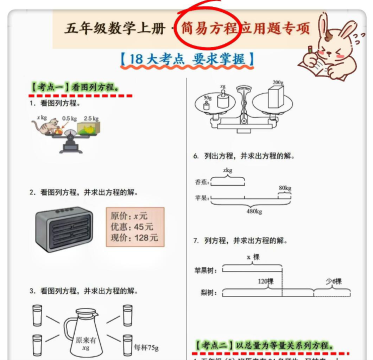 26秋五上数学简易方程应用题专项