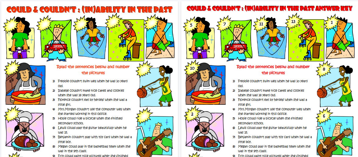【2页高清彩色版】ability and inability in the past esl grammar worksheet【完整可直接打印】语法作业纸63套