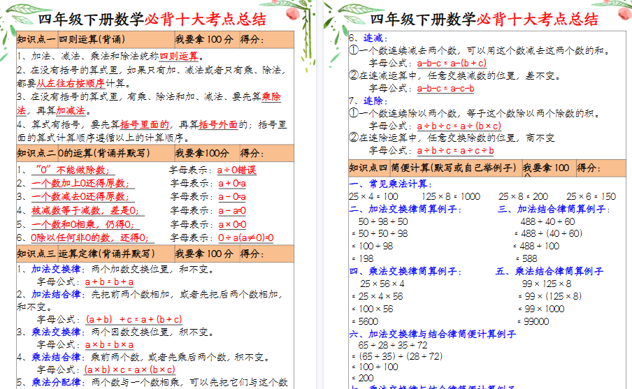 【2026春8页完整版】四年级（下）数学十大必背考点总结