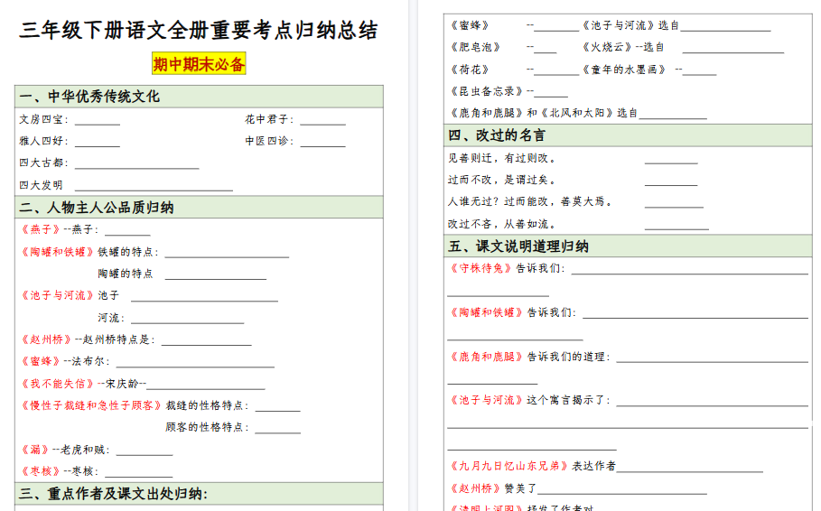 【40页高清完整版】三年级下册语文期末必背考点归纳总结(空白+答案)