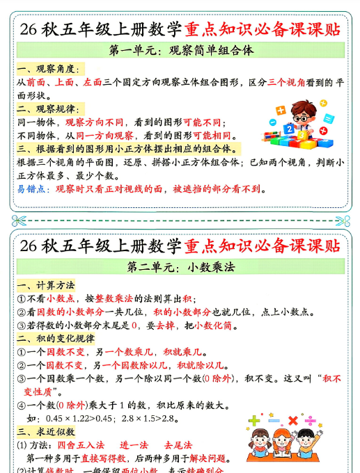 【5页完整版】26秋5年级数学上册《单元重点知识必备课课贴》人教