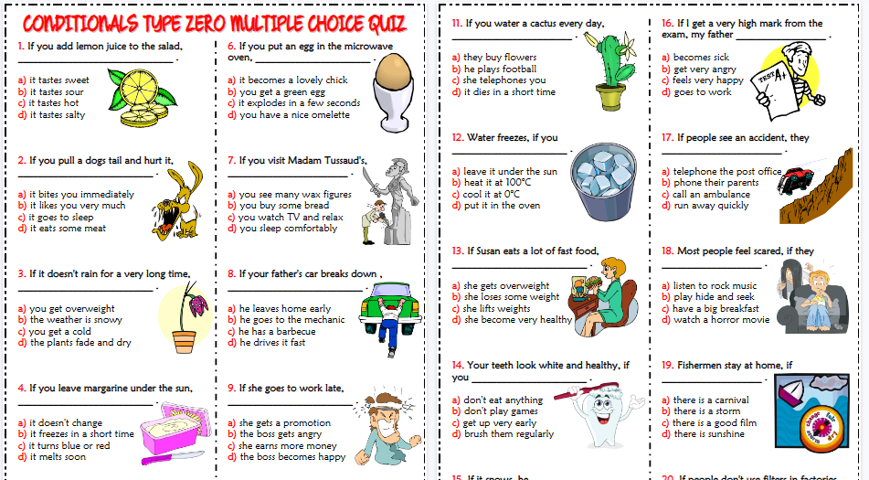 【3页高清彩色版】conditionals type zero esl multiple choice quiz for kids【完整可直接打印】语法作业纸63套