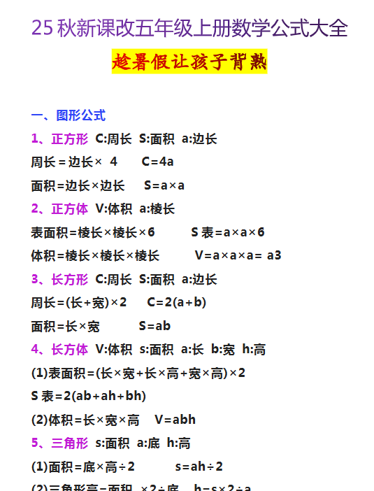 【2025秋新版】五年级上册数学公式大全