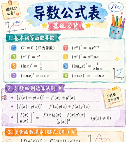 【2页完整版】高中数学｜导数公式表