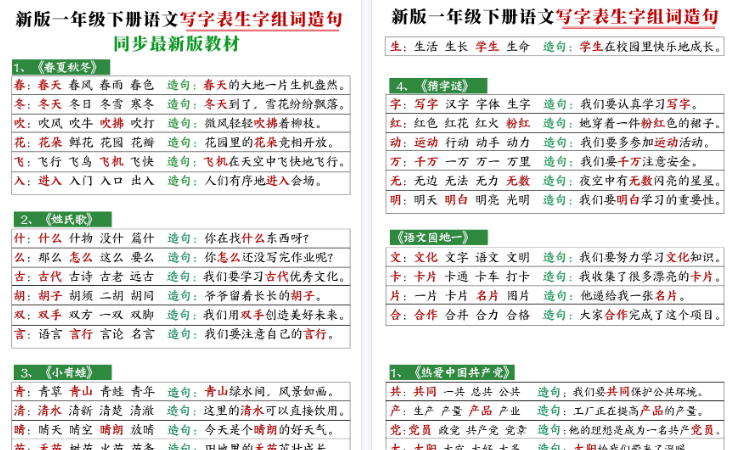 【2026春12页完整版】一(下)语文写字表生字组词造句12页