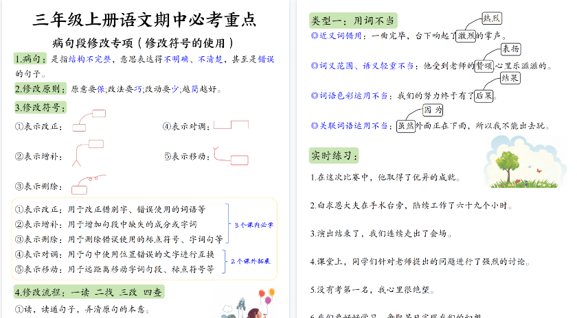 【9页高清完整版】26秋三年级（上）语文必考重点病句段修改符号方法及练习
