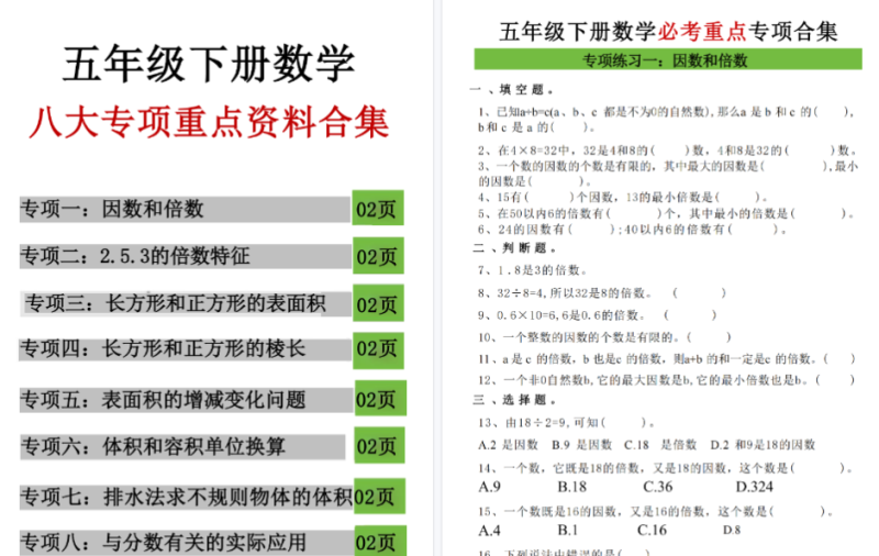 【17页完整版】五年级（下 ）数学八大专项重点资料合集
