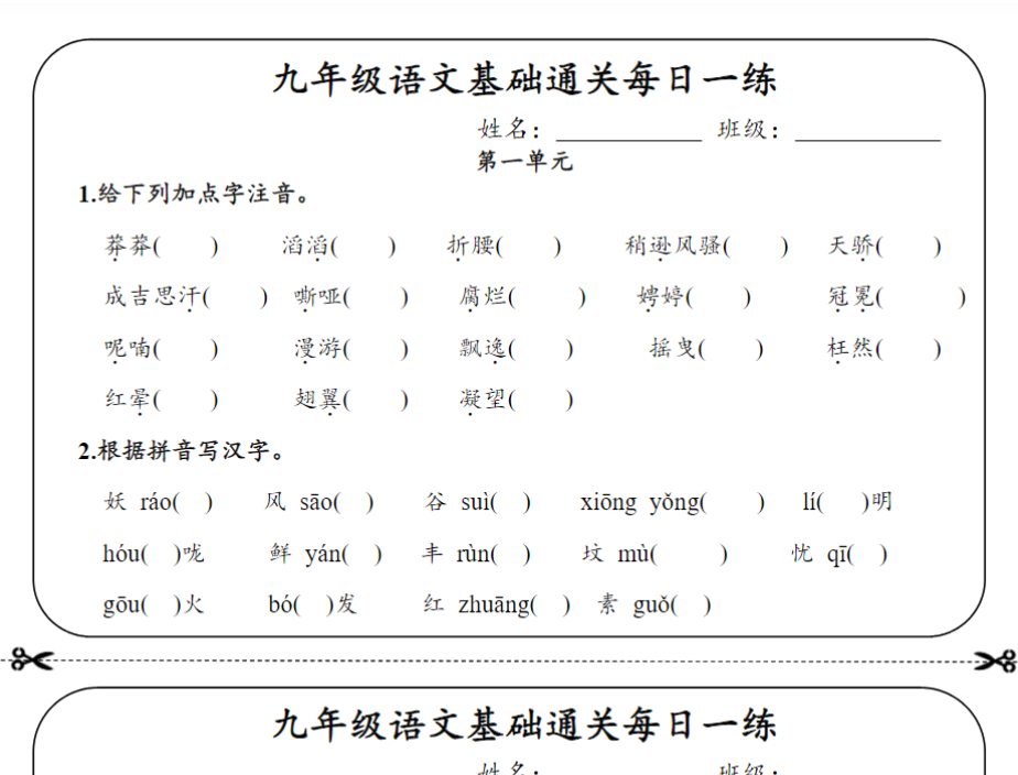 15页！九年级语文基础通关每日一练【空白+答案】