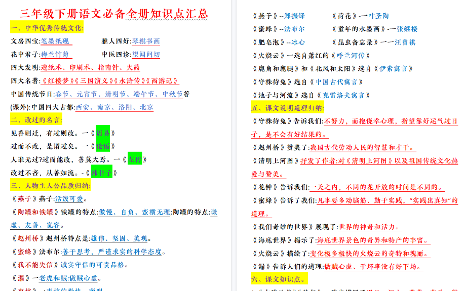 【12页高清完整版】三(下)语文 全册必背知识点