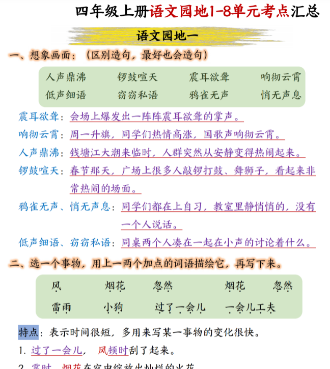 四年级上册语文园地1-8单元考点汇总