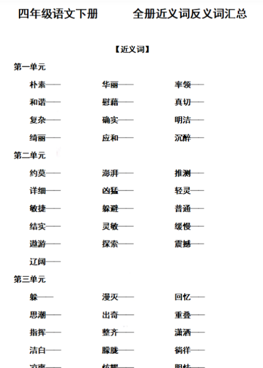 【高清电子版】四（下）语文： 全册近义词反义词汇总(空白版)