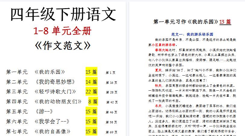 【95页高清完整版】四(下)语文1-8单元作文范文