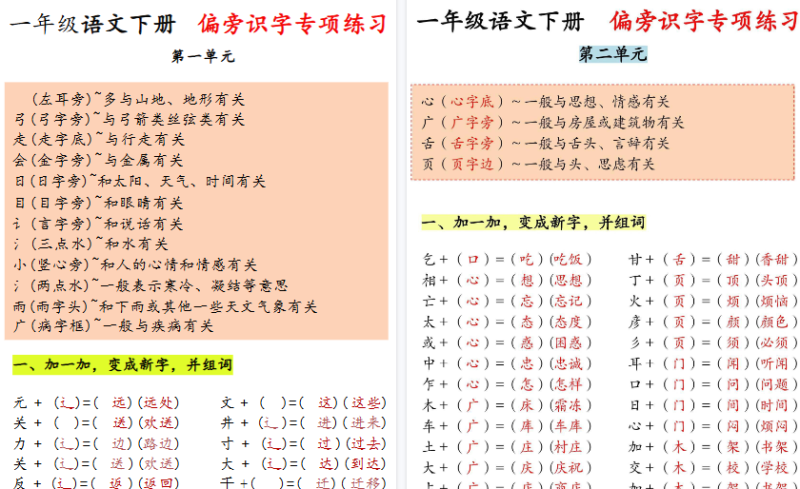 【2026春5页完整版】一年下册偏旁识字专项练习