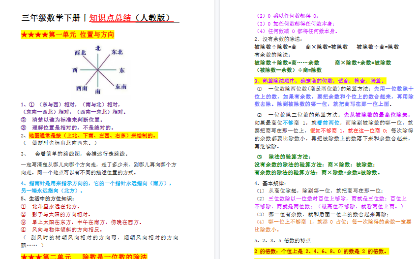 【11页高清完整版】三年级数学下册知识点总结（人教版）