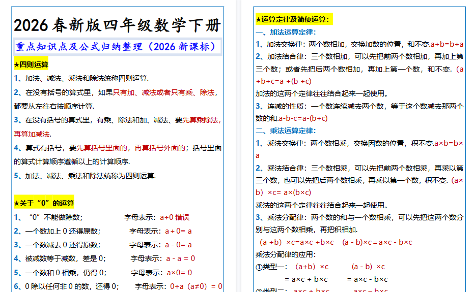 2026春新版四年级数学下册 重点知识点及公式