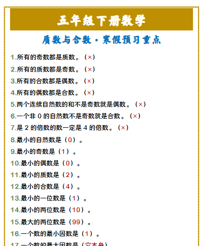 【2026寒假】五年级下册数学 质数与合数·寒假预习重点