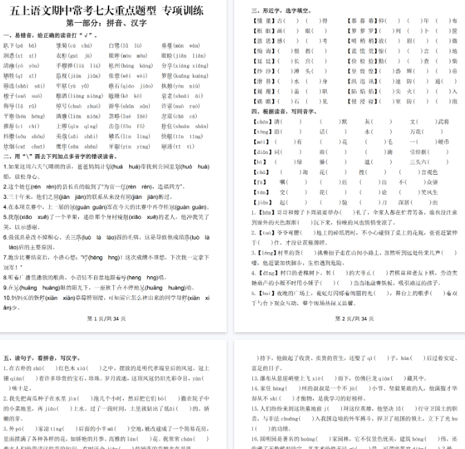 【34页完整版】五上丨语文 期中常考七大重点题型专项训练