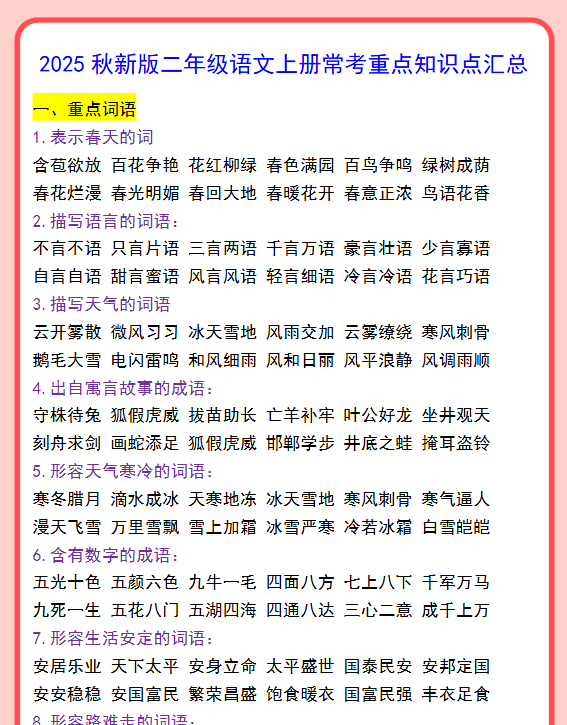 【2025秋新版】二年级语文上册常考重点知识点汇总