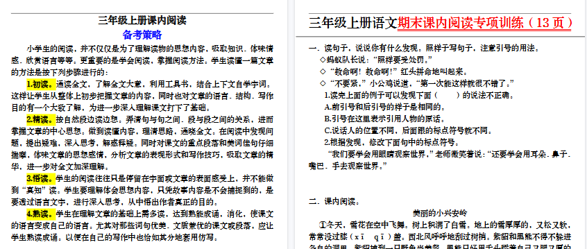 【13页高清完整版】三上丨语文 期末课内阅读专项训练(部编版)