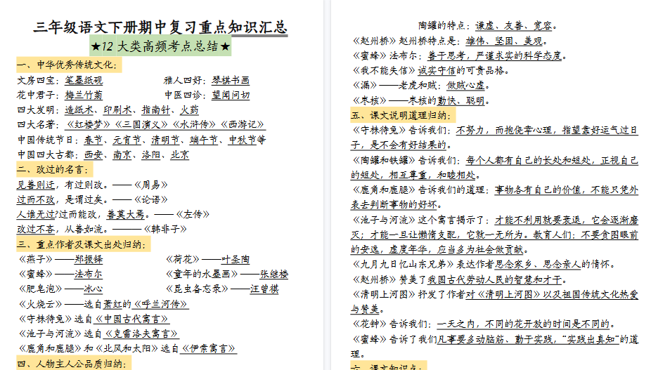 【28页高清完整版】三（下）语文期中复习重点知识汇总-12大高频考点