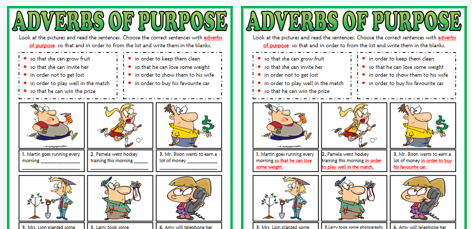 【2页高清彩色版】adverbs of purpose esl matching exercise worksheet【完整可直接打印】语法作业纸63套