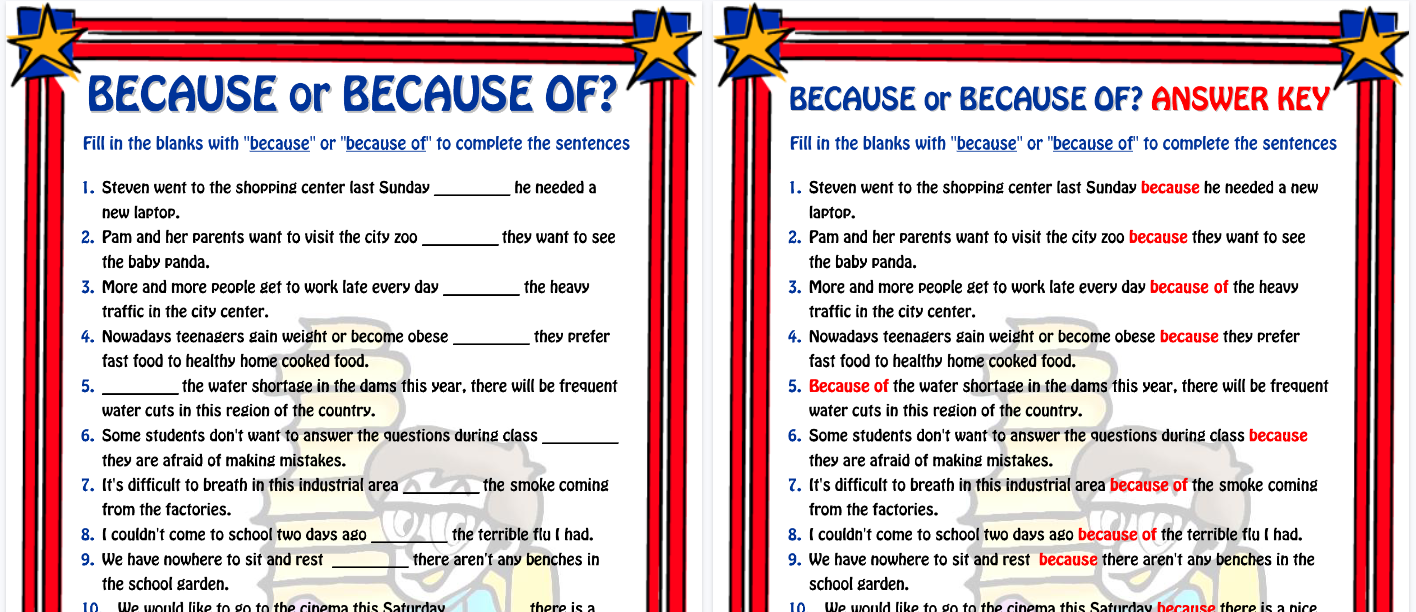 【2页高清彩色版】because or because of esl grammar exercise worksheet【完整可直接打印】语法作业纸63套