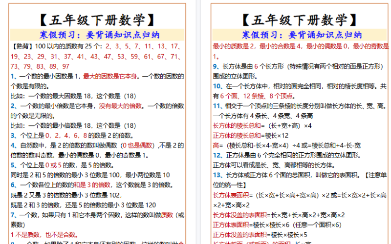 【2026寒假5页】五年级下册数学寒假预习要背诵知识点归纳