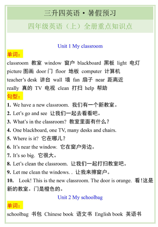 4页!四年级英语(上)全册重点知识点