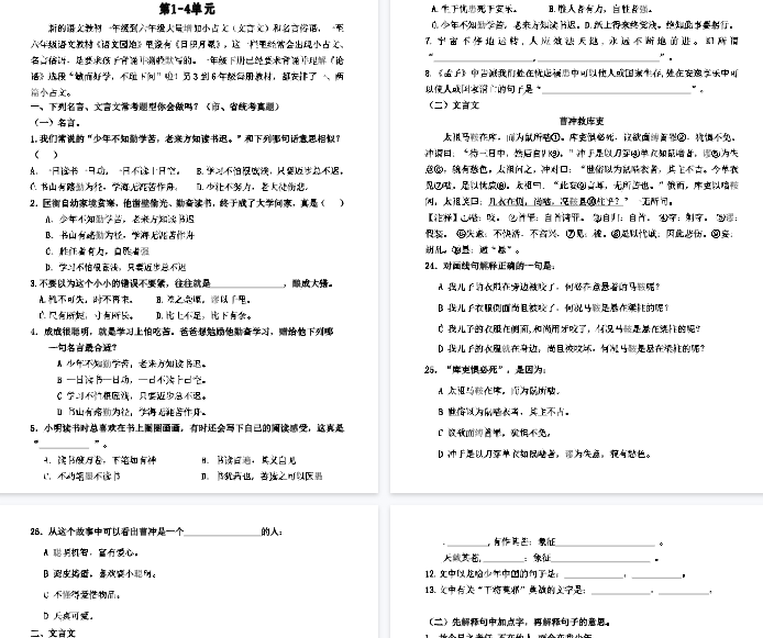 【6页完整版】五上语文期中古诗、文言文知识考查