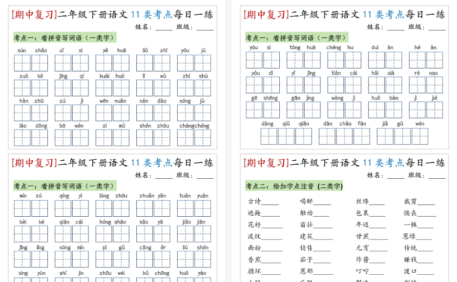 【10页高清完整版】二年级下册语文11类考点每日一练（10页20练）（期中复习）