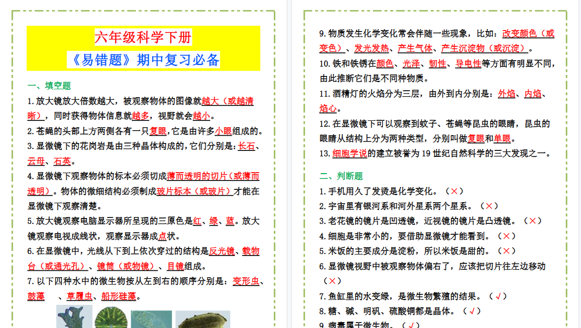 2026春新版六年级科学下册《易错题》期中复习必备!