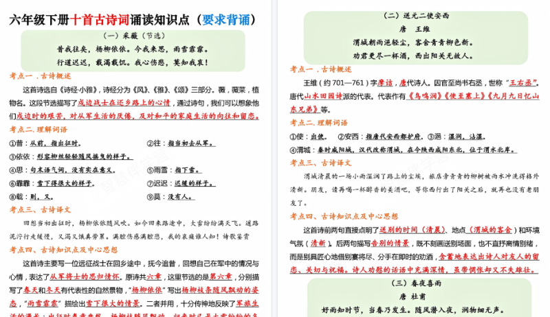 【42页高清版】六年级（下）语文 古诗词背诵知识点与练习