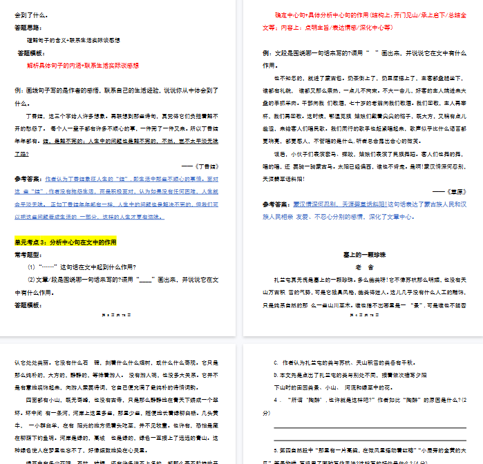 【78页完整版】六上语文阅读理解与答题模板