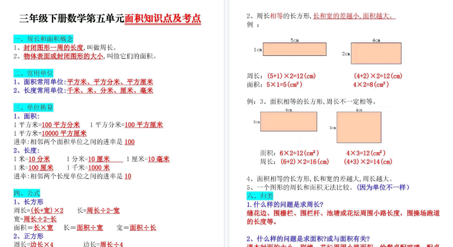 【3页高清完整版】三下面积知识点与考点