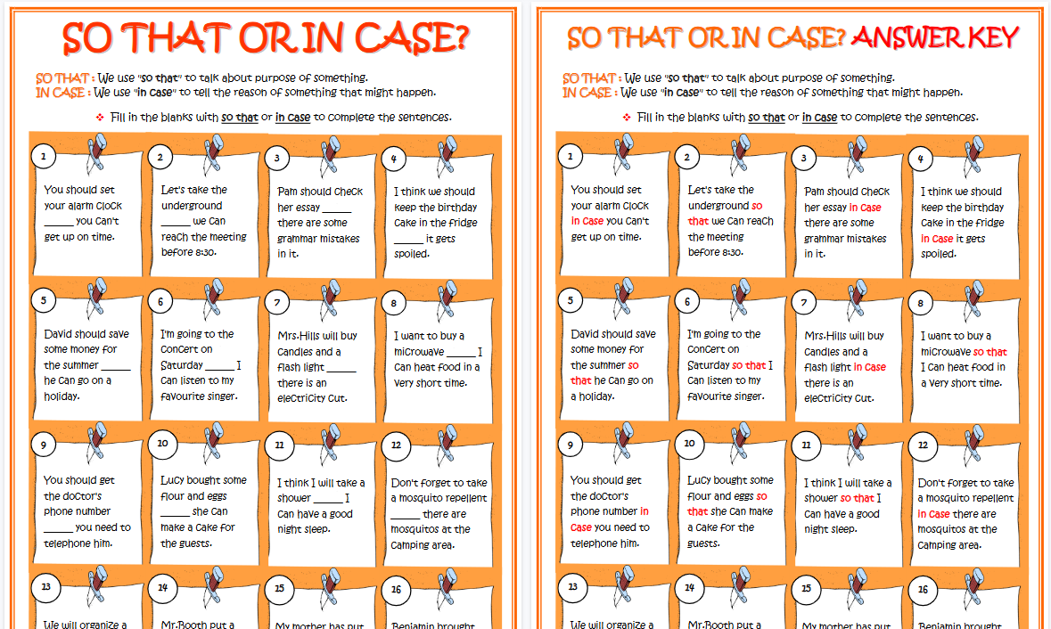 【2页高清彩色版】conjuctions so that and in case esl grammar worksheet【完整可直接打印】语法作业纸63套