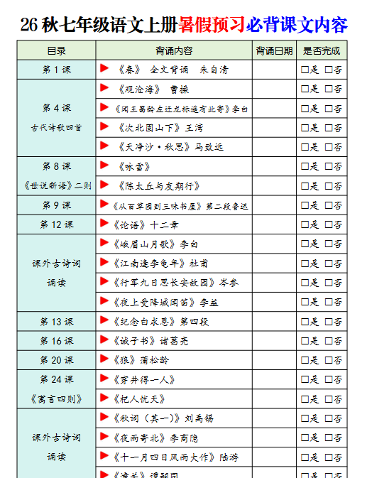 【16页完整版】26秋七年级语文上册暑假预习必背课文内容汇总(默写版)