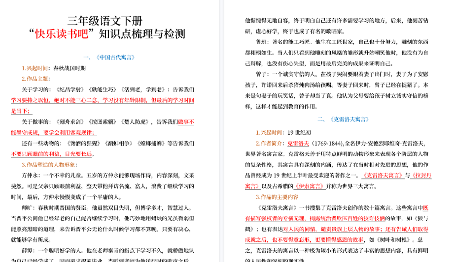 【15页高清完整版】三（下）语文【快乐读书吧】知识点梳理与练习