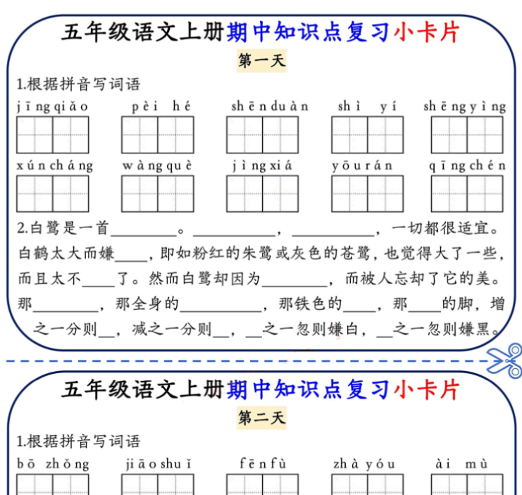 五上语文期中复习小卡片