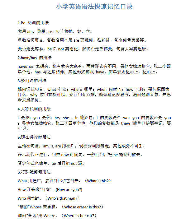 【4页新版】小升初复习，小学英语语法快速记忆口诀【高清完整版】
