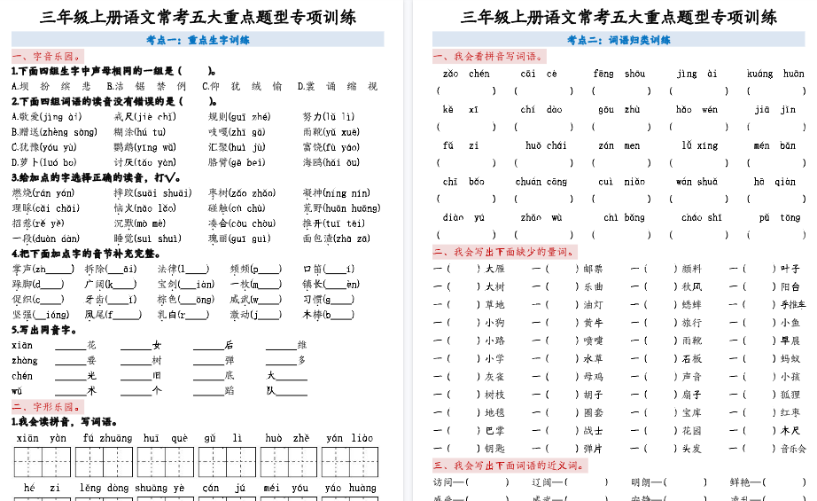 【5页高清完整版】三上语文【5大重点题型 - 空白版】