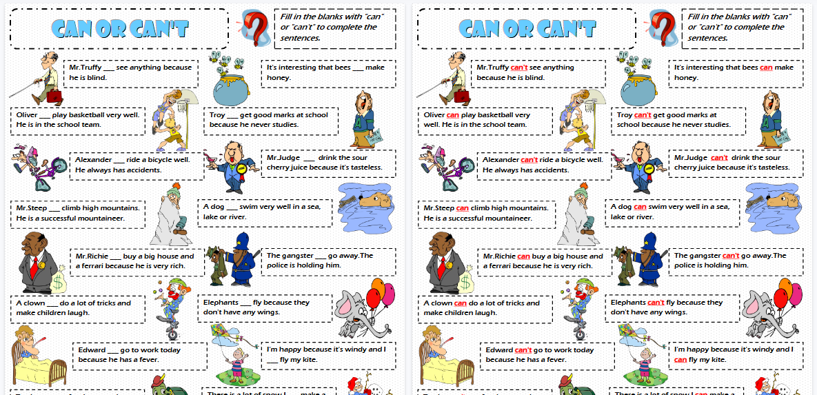 【2页高清彩色版】Expressing ability or inability modal verbs can or cant worksheet【完整可直接打印】语法作业纸63套