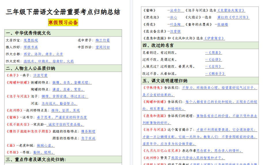 【20页高清完整版】三（下）语文【全册重要考点归纳总结】