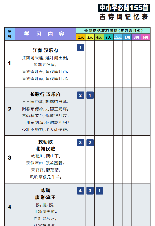 【43页完整版】01-155首古诗词艾宾浩斯记忆表
