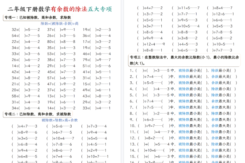 【13页高清完整版】二年级下数学有余数的除法五大专项练习